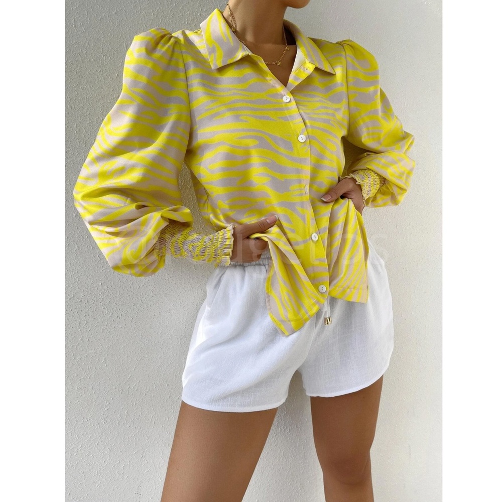 Zebra Stripes Print Yellow Beige Button Up Front Shirt Long Bishop Sleeves - Picture 4 of 8